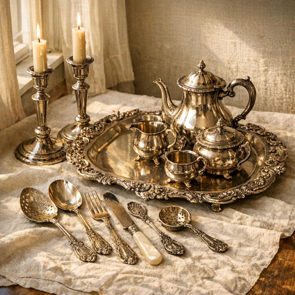 Antique silver service set with candlesticks, serving tray, and ornate flatware on a linen cloth