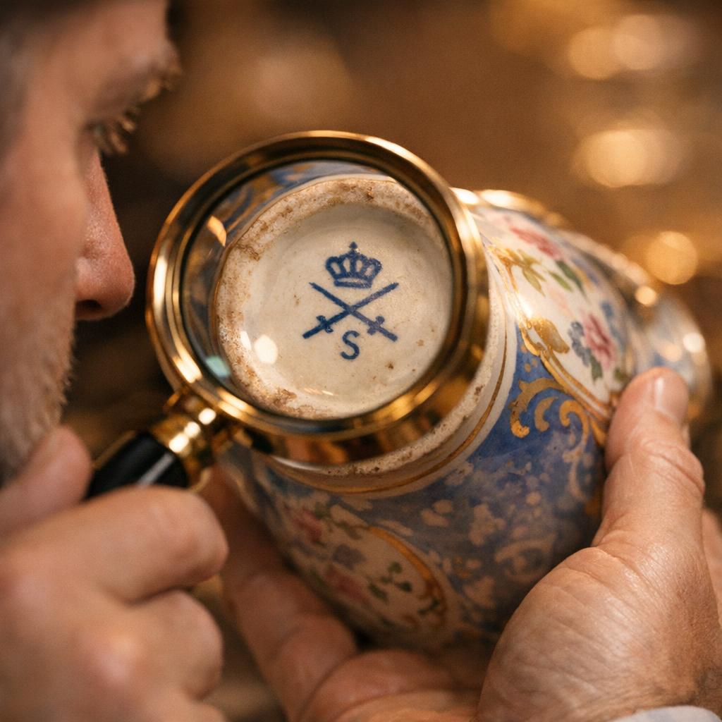 Appraiser examining maker's marks on the bottom of a vintage porcelain vase with a magnifying glass