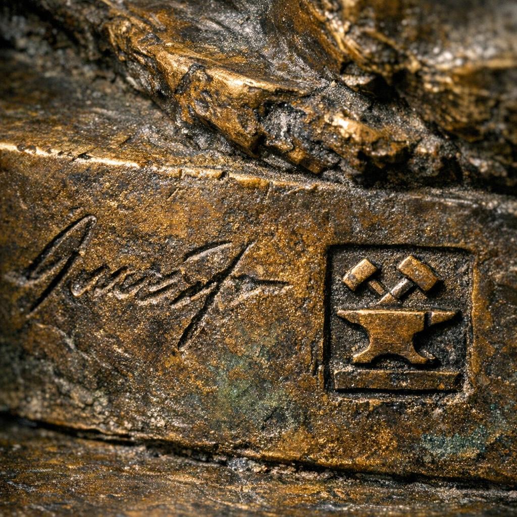 Close-up of a maker's foundry stamp and hallmarks on the base of a bronze sculpture showing patina