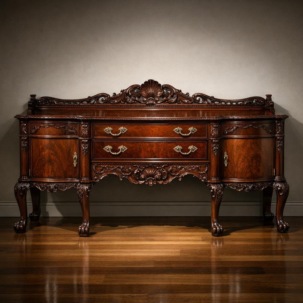 Antique Chippendale mahogany sideboard with ornate carved details displayed in a gallery setting