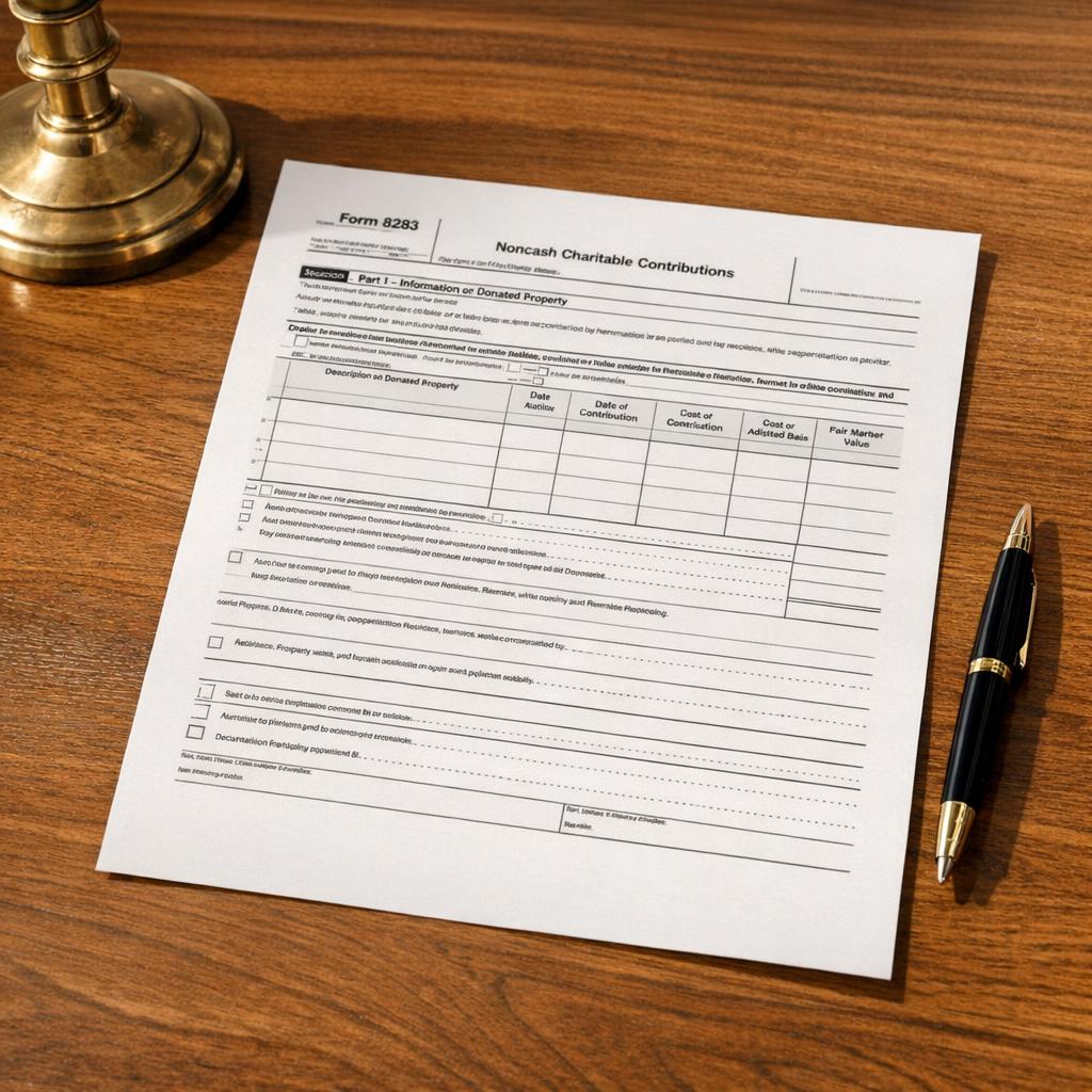 IRS Form 8283 for charitable donations displayed on a desk alongside a vintage brass candlestick