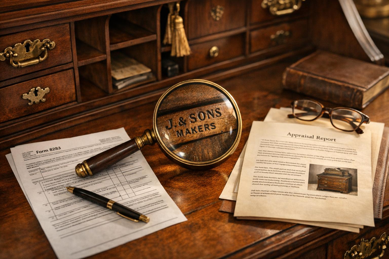 Antique furniture desk scene with IRS Form 8283, magnifying glass examining a maker's mark, and professional appraisal report