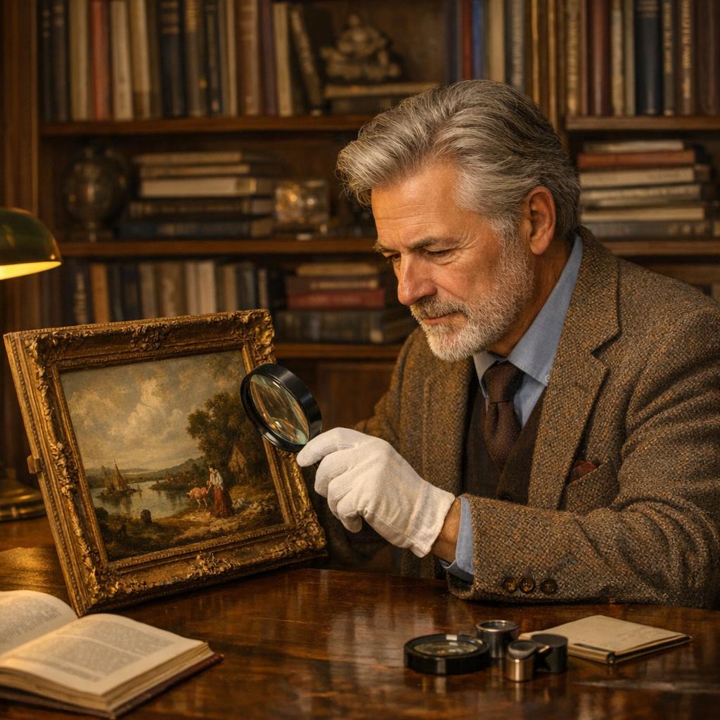 Professional appraiser reviewing vintage artwork in a study with auction catalogs and reference books