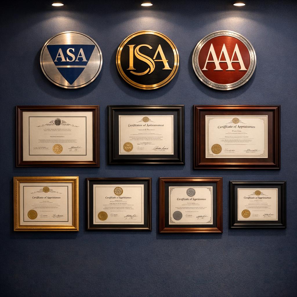 Professional appraisal credentials from ASA, ISA, and AAA organizations displayed on a navy office wall
