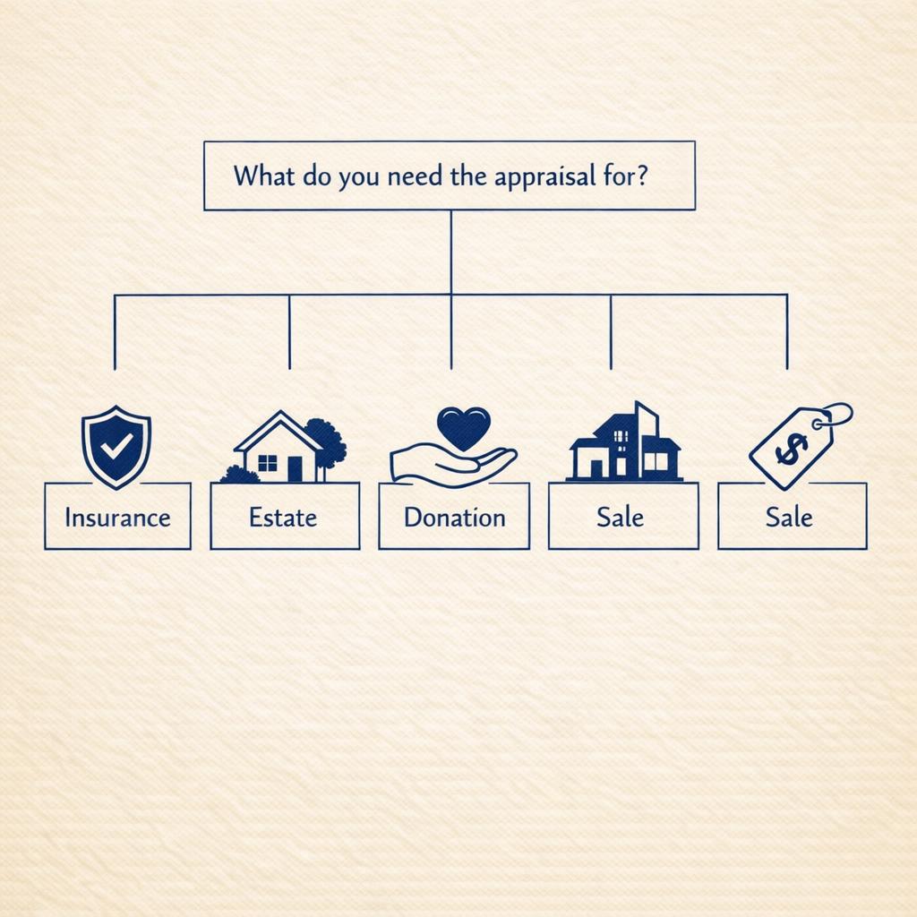 Decision tree flowchart showing appraisal purpose options branching from 'What do you need the appraisal for?' to Insurance, Estate, Donation, and Sale pathways