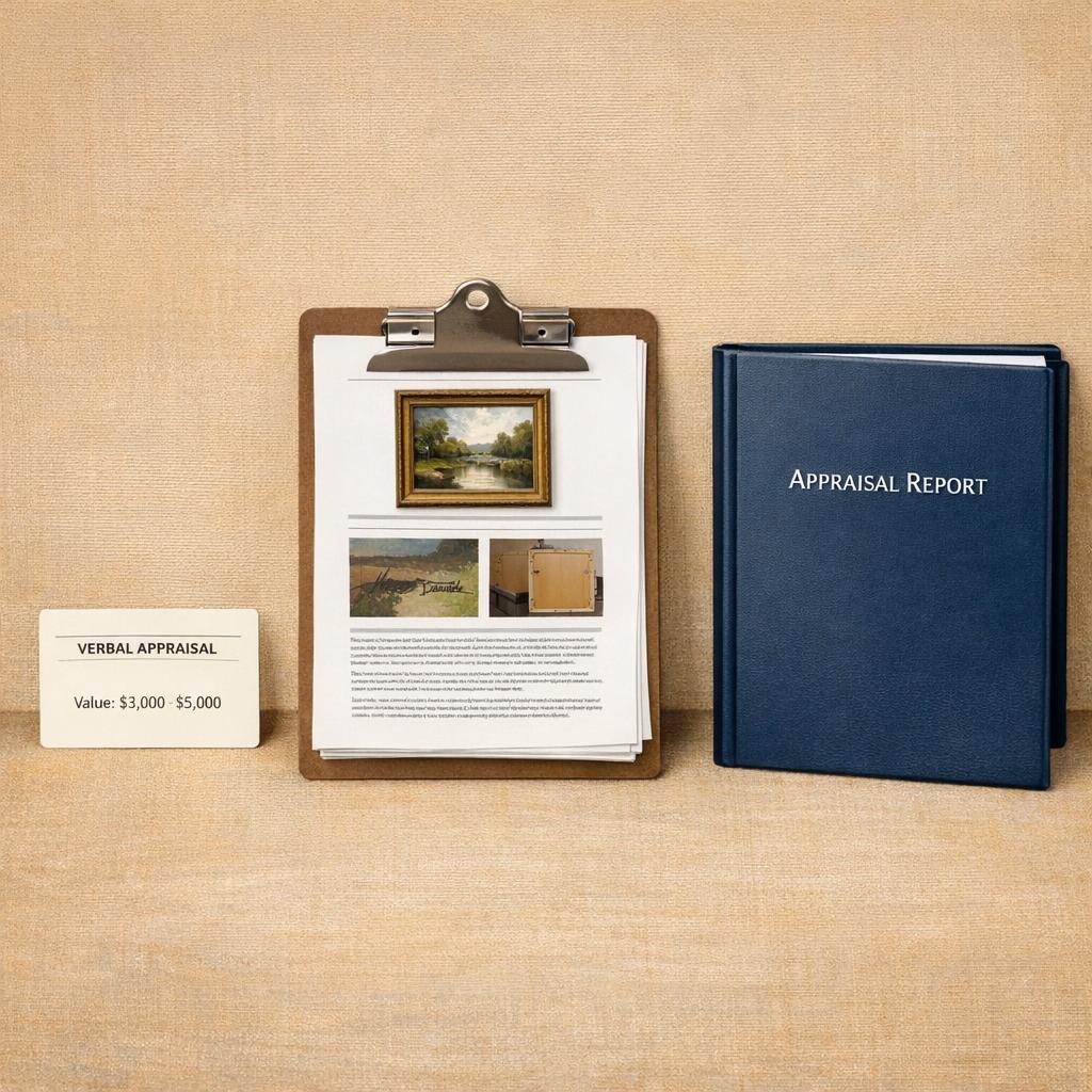 Three tiers of art appraisal service levels: verbal opinion card, documented valuation clipboard, and full USPAP-compliant bound report