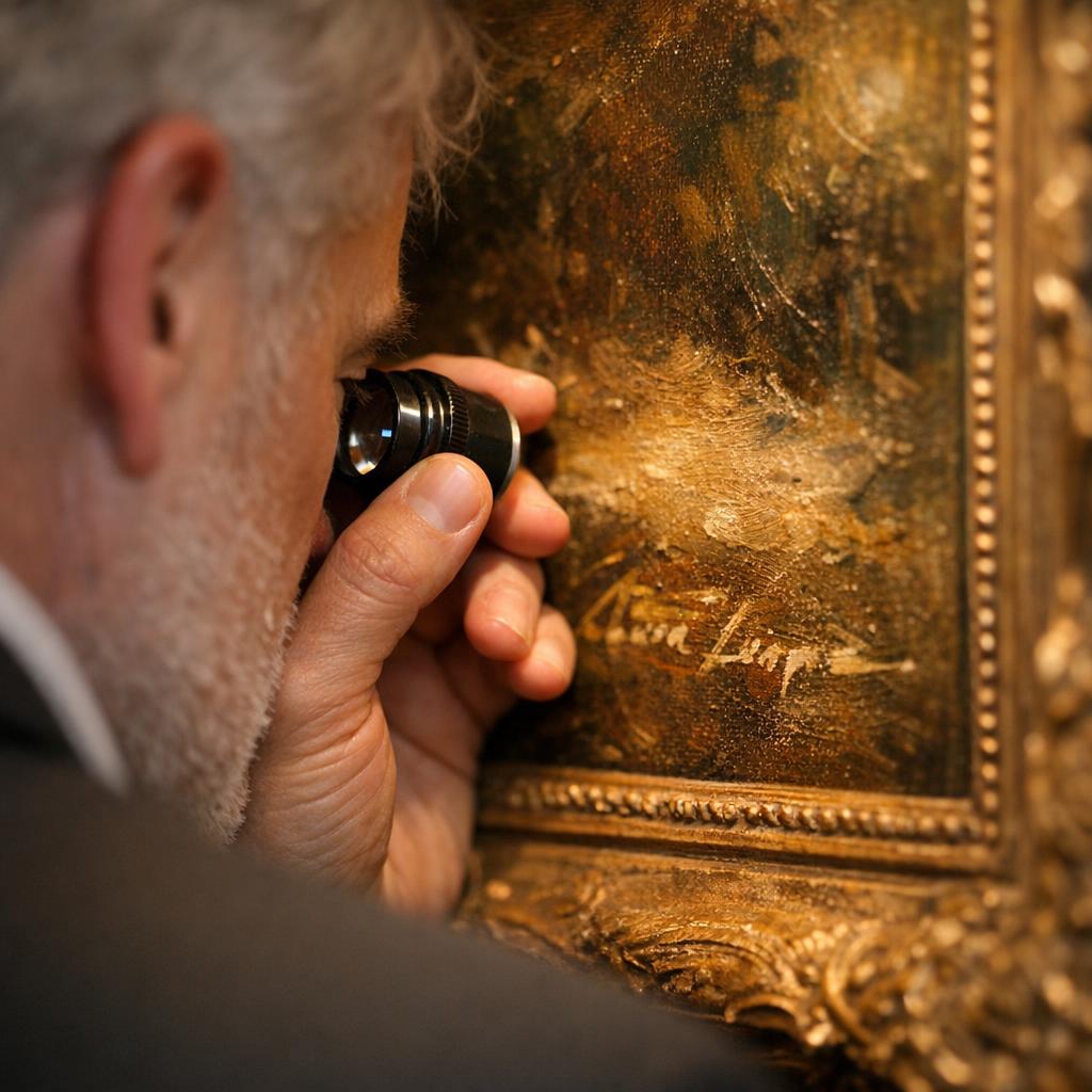 Close-up of a certified art appraiser examining an oil painting with a jeweler's loupe, focusing on the canvas signature area