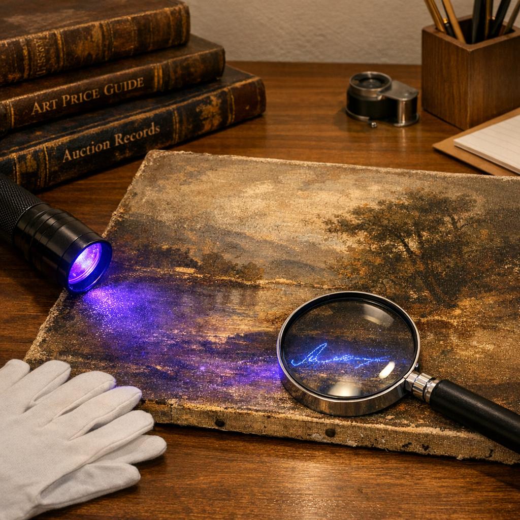 UV blacklight authentication process revealing hidden signatures and details on an aged canvas, with magnifying glass and reference materials
