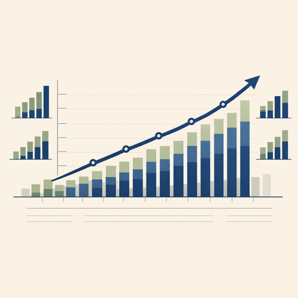 Art market pricing trend chart visualized on cream-colored paper with navy and sage tones showing auction value growth
