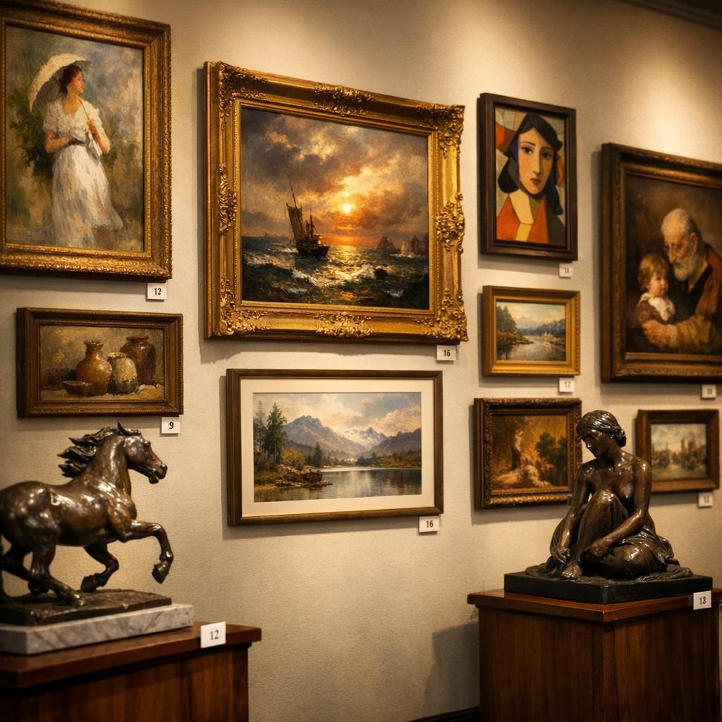 Auction house gallery wall with diverse framed oil paintings, bronze sculptures, and watercolor landscapes, each with numbered lot tags