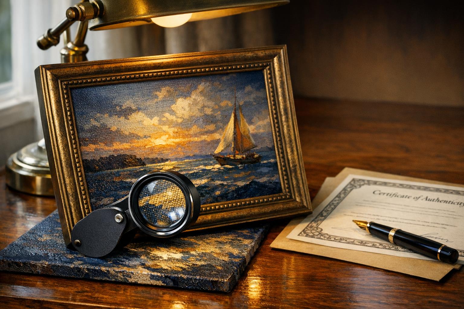 Professional art appraisal setup with a magnifying loupe examining a framed oil painting on a warm wooden desk with soft natural lighting