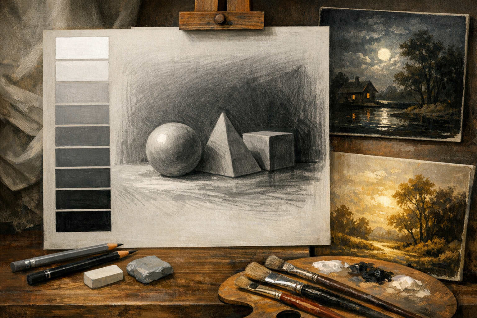 Value in art reference showing light and dark contrast, tonal range, depth, condition visibility, and appraisal context