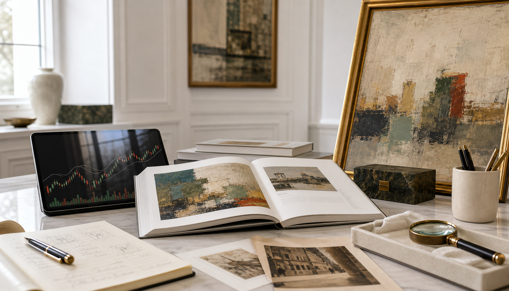 Auction catalog and art research materials beside a subtle investing chart
