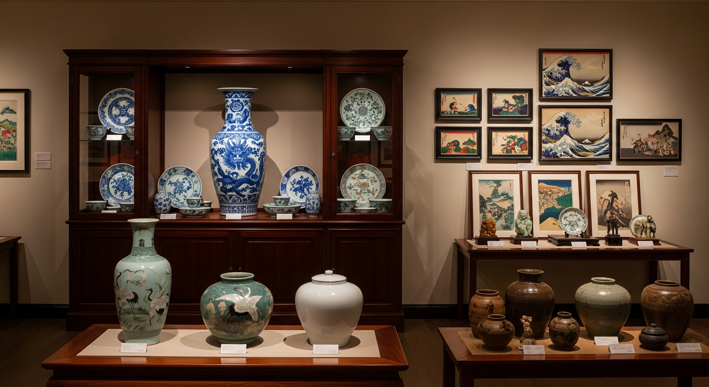 Asian art appraisal reference with porcelain, scrolls, prints, bronzes, ceramics, marks, materials, condition, provenance, and market context