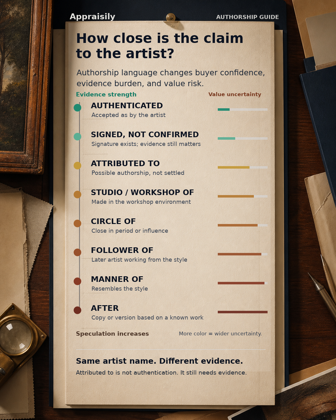 Infographic showing a painting authorship risk ladder from authenticated to after, with more color indicating wider value uncertainty
