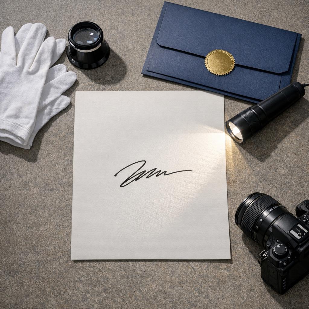 Autograph documentation review reference with COA traceability, provenance, ink and pressure clues, autopen red flags, handling guidance, and photo evidence