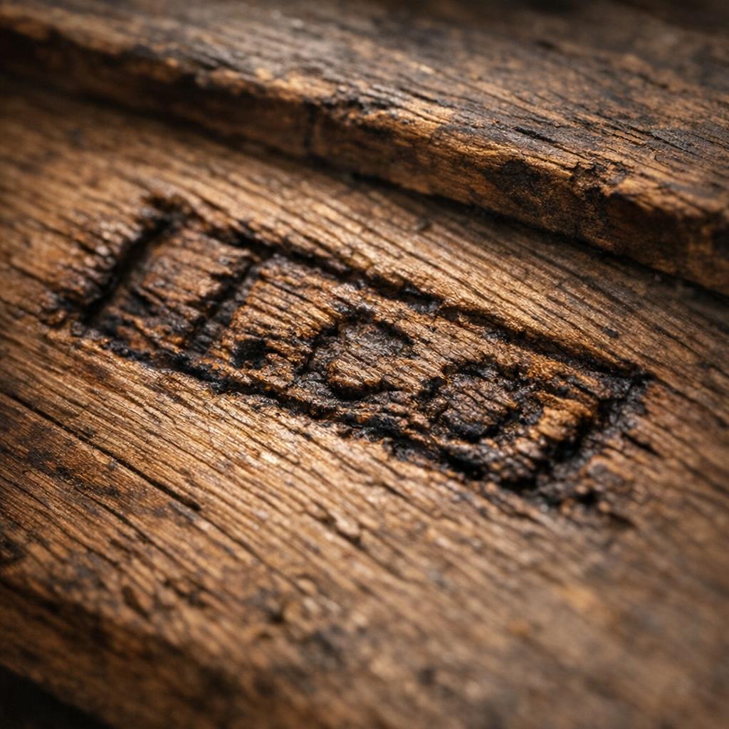 Close-up of a furniture maker's stamp burned into raw wood on the underside of an antique chair
