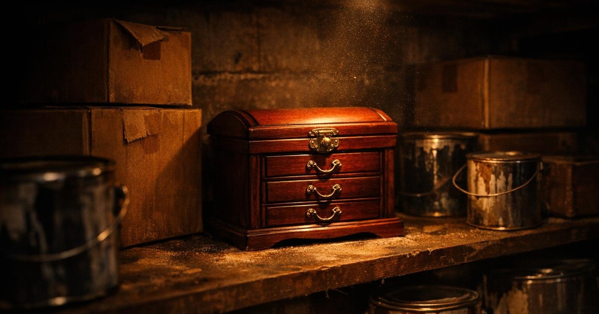 Basement storage shelf with potentially valuable vintage objects