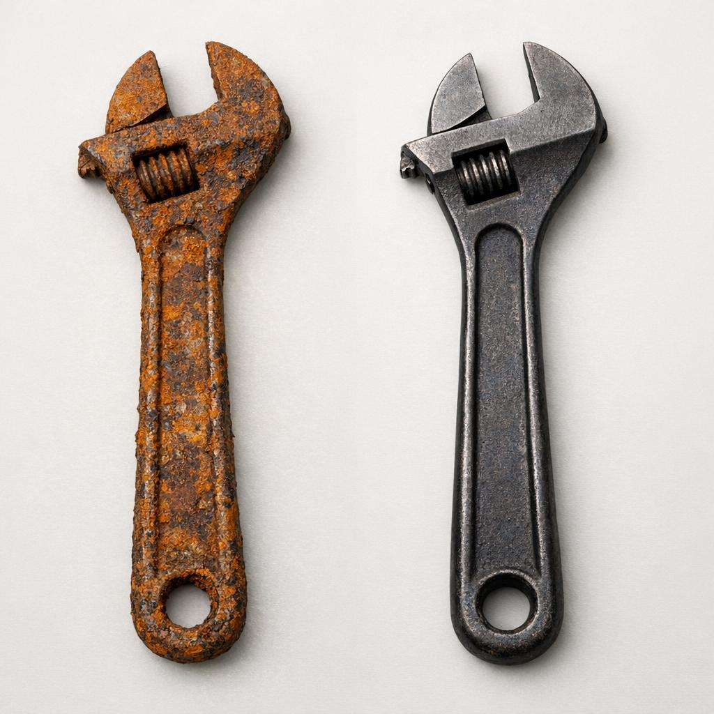 Side-by-side comparison of two identical metal tools, one heavily corroded with rust from basement humidity and the other well-preserved with original patina