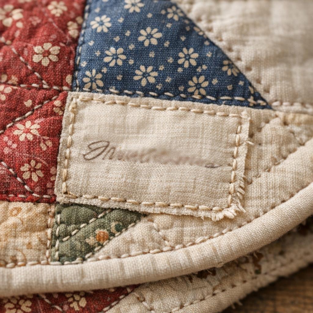 Close-up of a handmade quilt corner showing a fabric label with handwritten maker's name and date