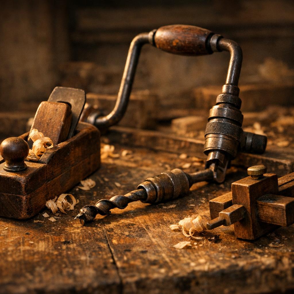 Collection of vintage woodworking hand tools including a wooden block plane and brace and bit on a worn workbench