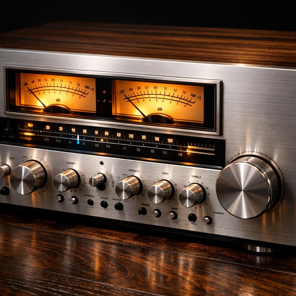 Vintage 1970s Marantz stereo receiver with glowing VU meters and brushed aluminum faceplate on a dark wood surface