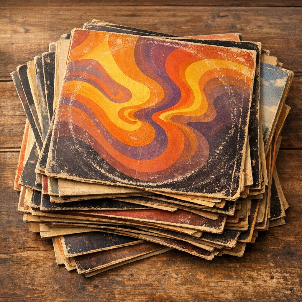 Stack of vintage vinyl records in original cardboard sleeves from the 1960s and 1970s with warm natural window lighting