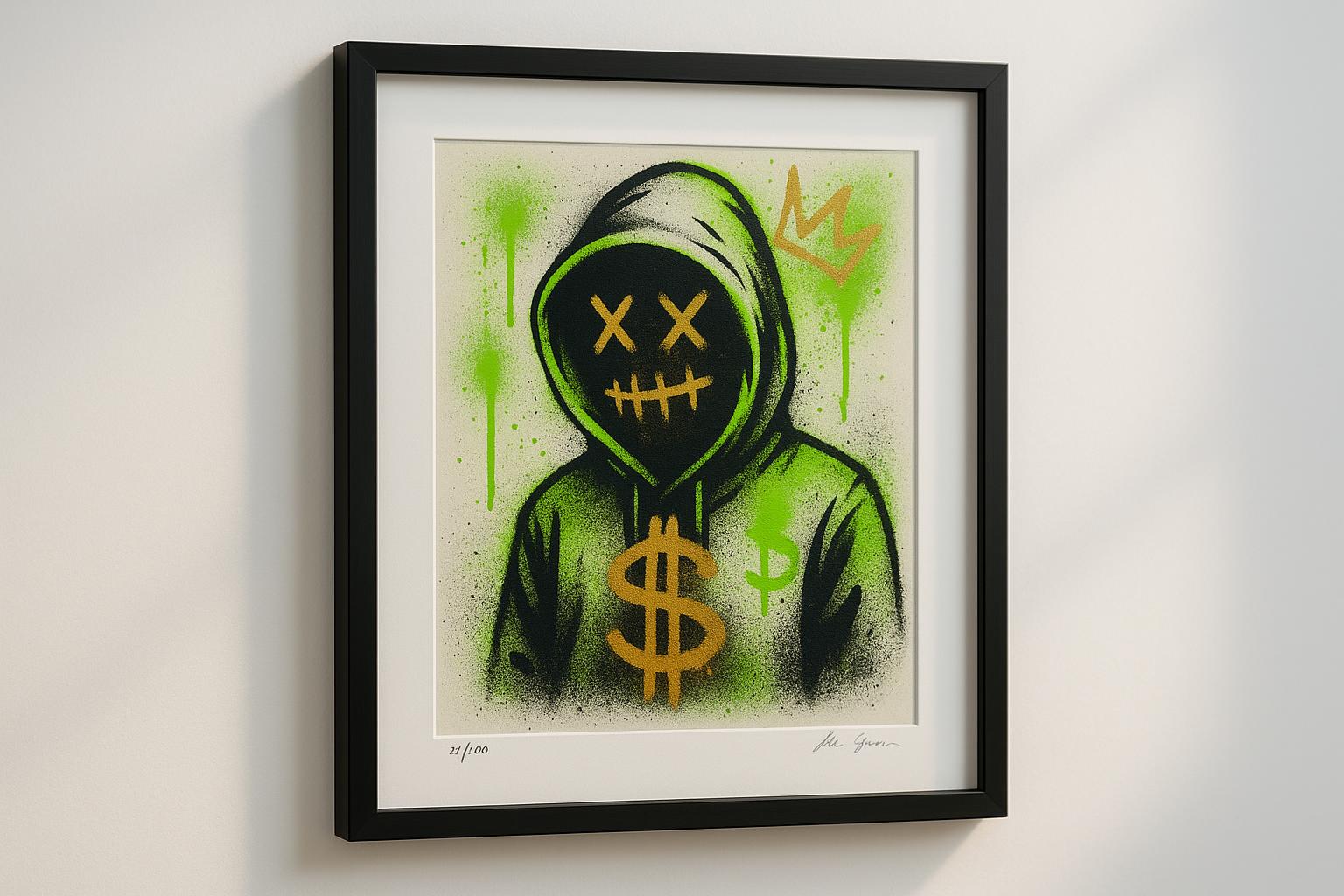 62052e9138a68 3 example: Framed contemporary hand-finished giclee print with neon green and gold accents on a gallery wall