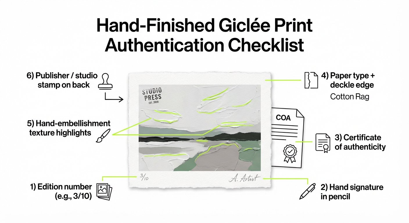 Authentication checklist infographic for hand-finished giclee prints showing edition number, signature, certificate of authenticity, paper texture, hand-embellishment highlights, and studio stamp