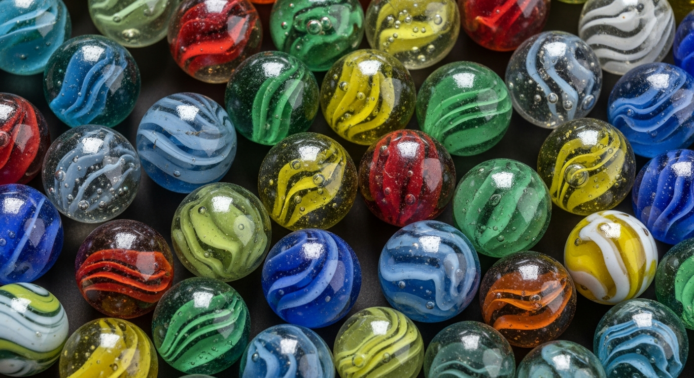 Editorial reference image showing a group of colorful glass marbles