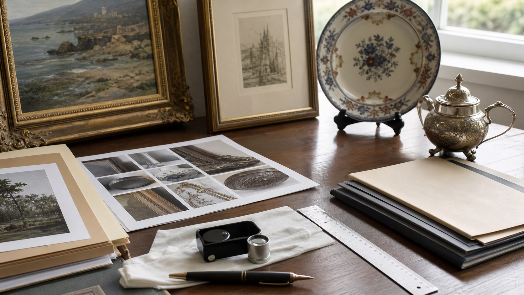 Collector appraisal workspace with framed art, porcelain, silver, provenance documents, and condition photo sheets