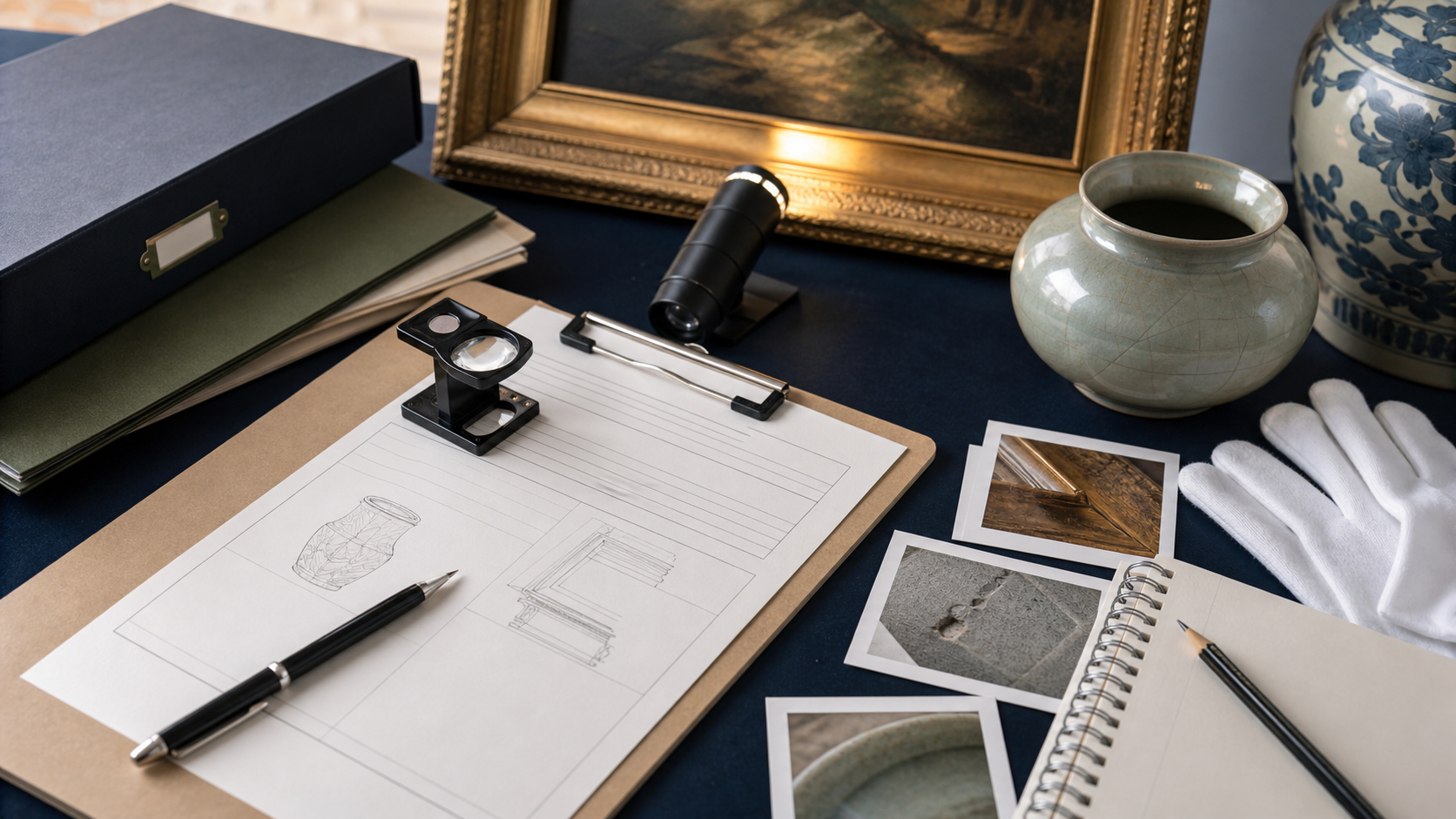 Condition report workfile for antique and art appraisals with photos, damage notes, restoration history, and value impact