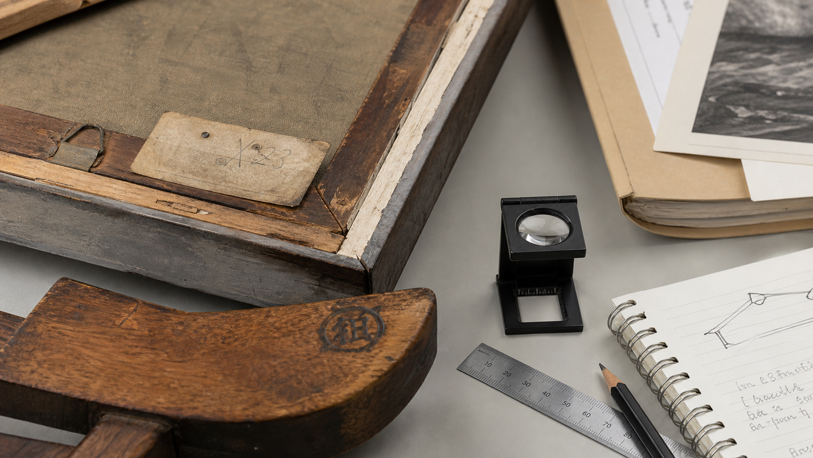 Appraisal table with antique labels, stamped marks, loupe, ruler, provenance folder, and condition notes