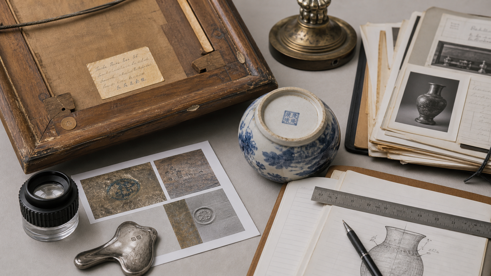 Antique frame label, ceramic mark, metal hallmark, provenance folder, condition notes, loupe, and ruler on an appraisal desk