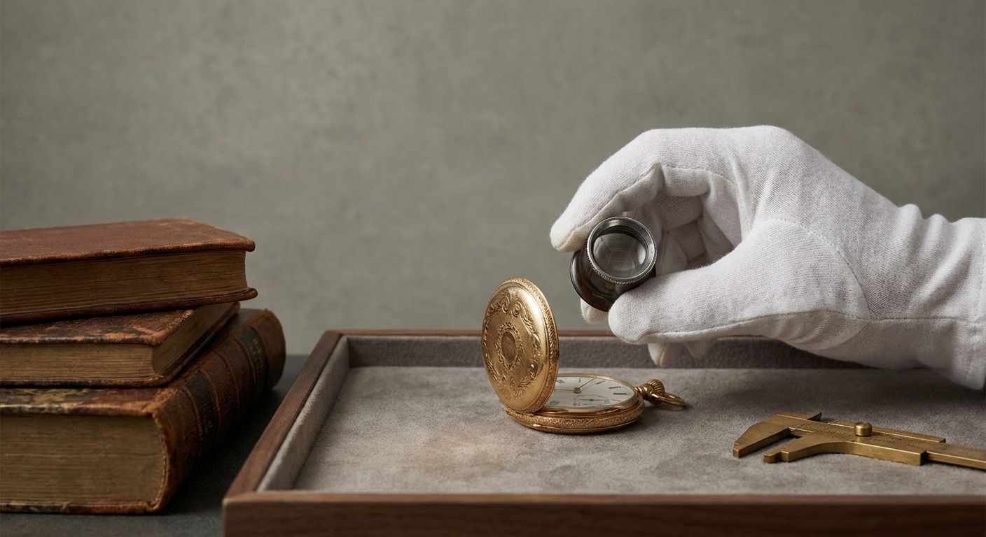 Pocket watch appraisals reference with maker, movement, serial number, case metal, dial, chain, service records, condition, and provenance