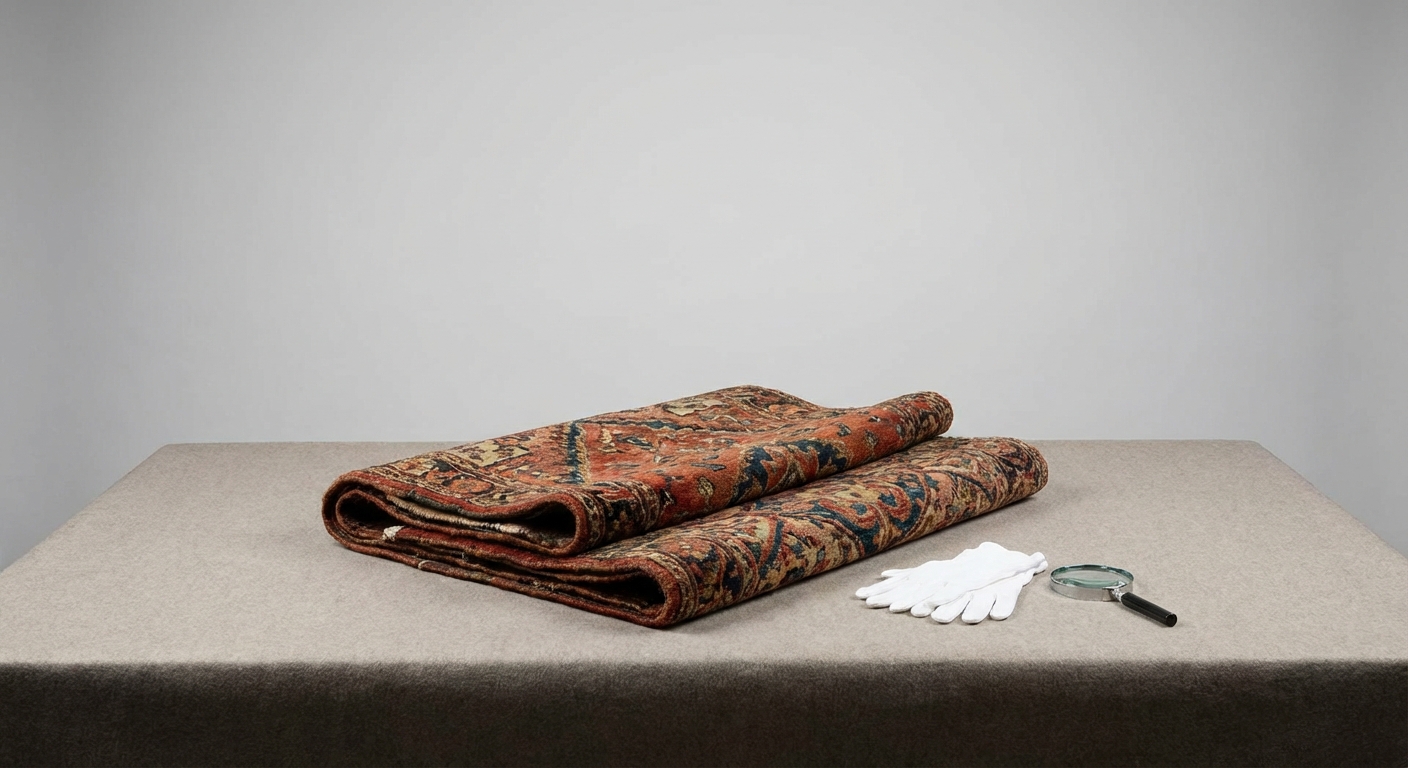 Antique rug appraisal reference with full views, back details, knots, fringe, repairs, stains, dimensions, materials, origin clues, and provenance
