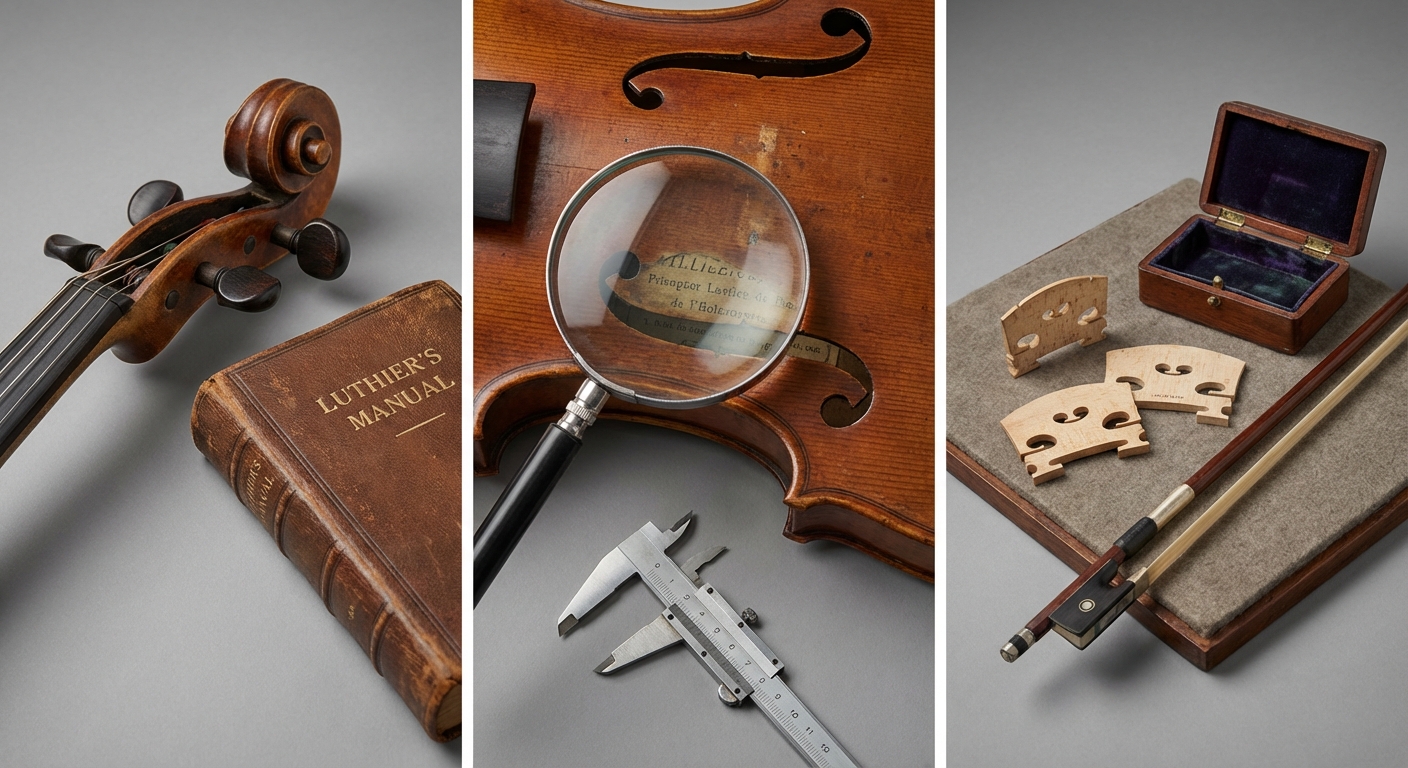 Antique violin appraisal reference with label, body, scroll, purfling, varnish, cracks, repairs, bow, case, measurements, and provenance