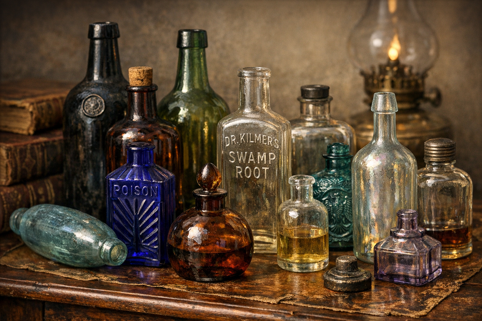Old bottle collection value reference with color, embossing, bases, closures, age clues, condition, rarity, and collector demand