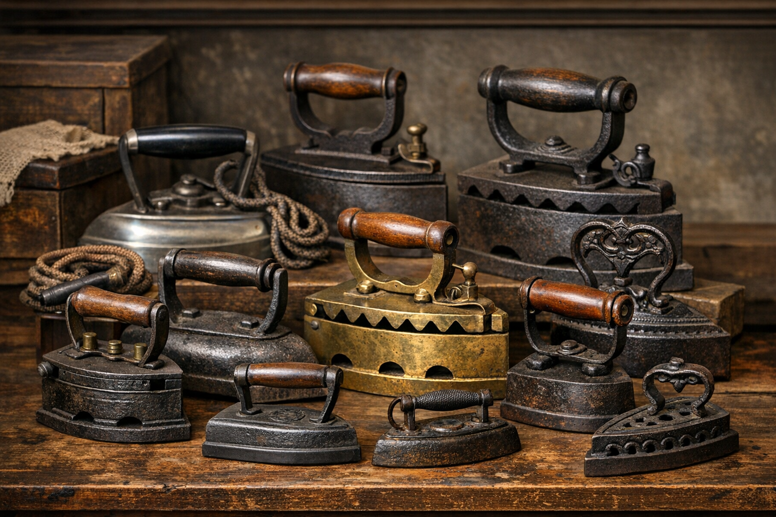 Antique iron value reference with type, maker marks, patent dates, handle, base, fuel type, trivet, finish, pitting, and cracks