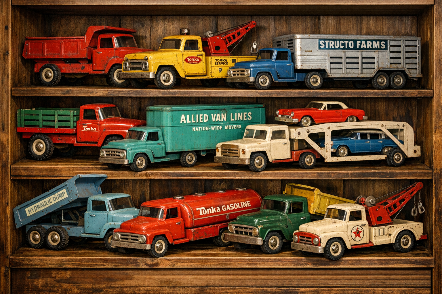 Vintage metal toy truck value reference with maker, scale, paint, decals, wheels, missing parts, box, condition, rarity, and collector demand