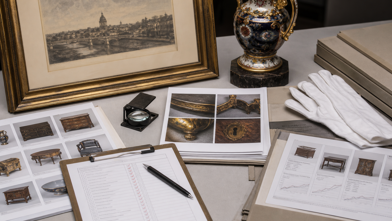 Fine art print, decorative object, condition photo sheet, checklist, comparable sale sheets, gloves, and loupe on an appraisal desk.