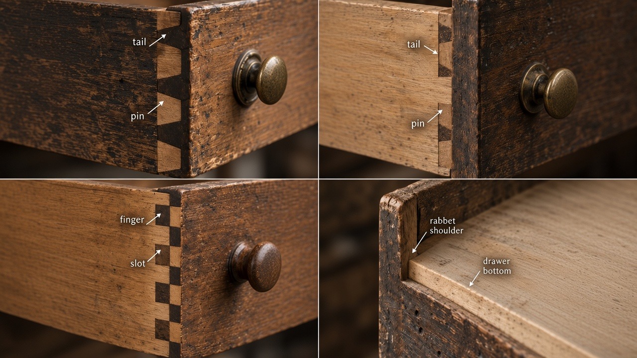 Four drawer-corner photographs comparing a through dovetail, a half-blind dovetail, a finger joint, and a rabbeted joint
