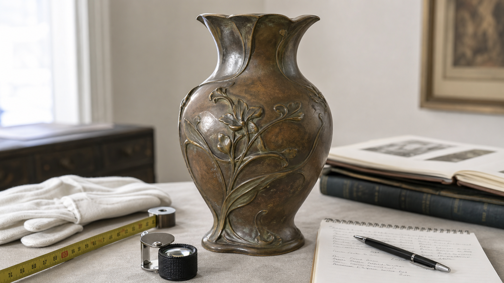 Bronze sculpture lamp appraisal reference with signature, casting, patina, base, wiring, shade, condition, repairs, and documents
