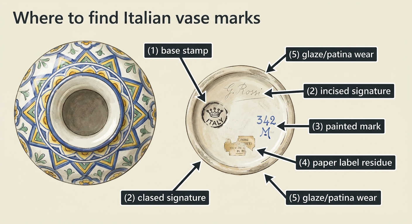 Infographic showing where to look for Italian vase marks: base stamp, incised signature, painted mark, paper label residue, and glaze wear