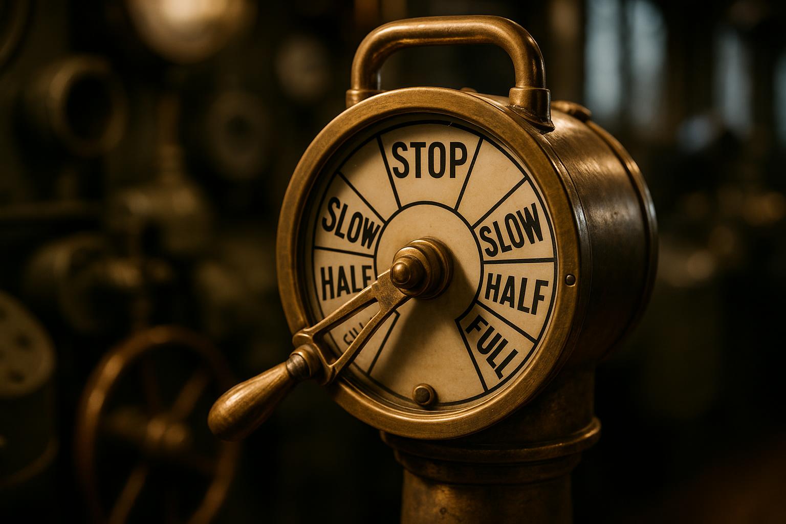 Engine order telegraph value reference with maker plate, dial, handles, brass or bronze details, ship context, condition, repairs, and documents