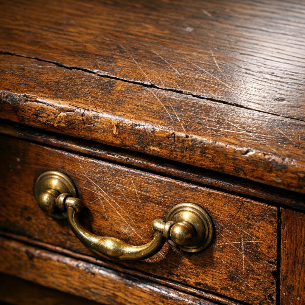 Close-up of antique wooden furniture showing condition issues: repaired crack in table top, wear marks on drawer edge, replaced brass handle, and surface scratches