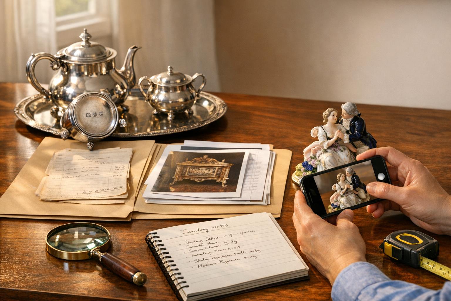 Organized desk with estate items ready for appraisal: silver tea service with hallmarks, photographs, provenance documents, magnifying glass, and inventory notebook