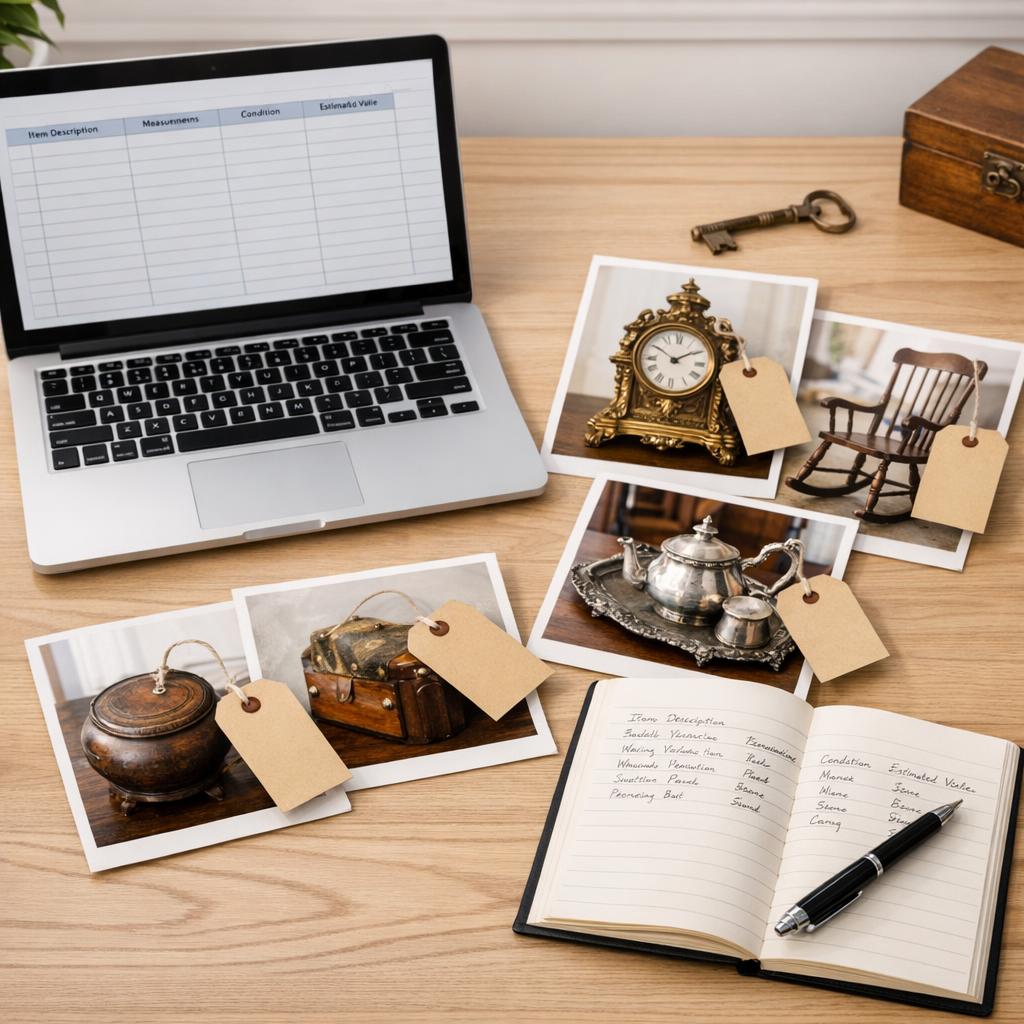 Organized estate inventory setup: laptop showing spreadsheet with item columns, labeled photographs of antiques, notebook with handwritten entries