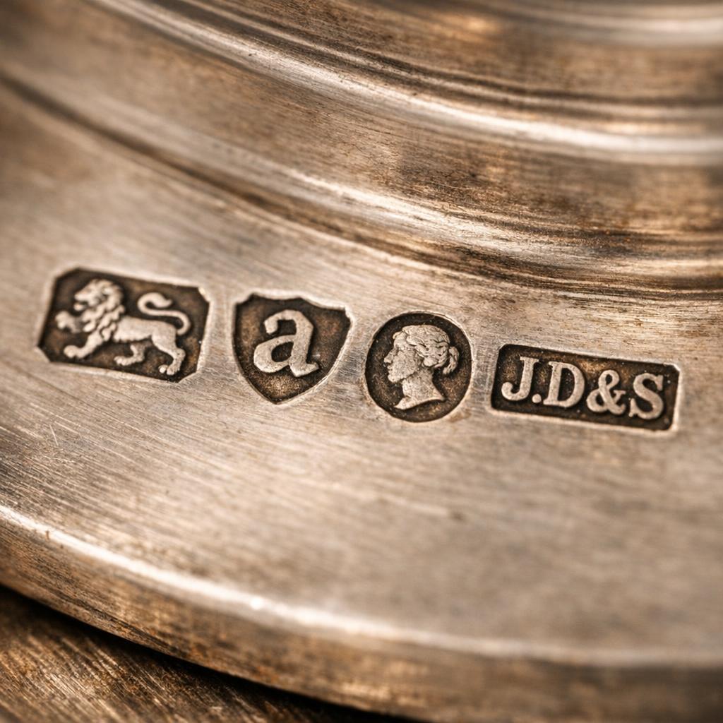 Close-up of sterling silver hallmarks showing lion passant, date letter, and maker's marks stamped into the metal base