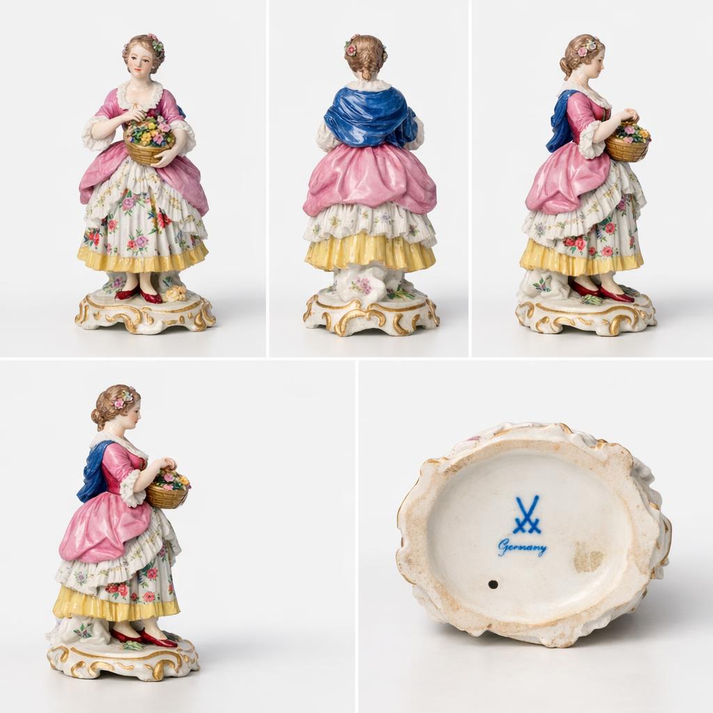 A porcelain figurine photographed from five angles: front, back, left side, right side, and bottom showing the maker's stamp